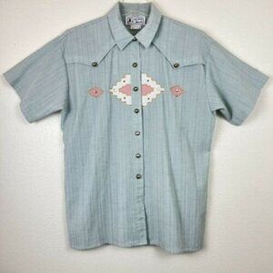 Vintage JG by Joyce 6P Southwestern Embellished Short Sleeve blouse 70’s Blue